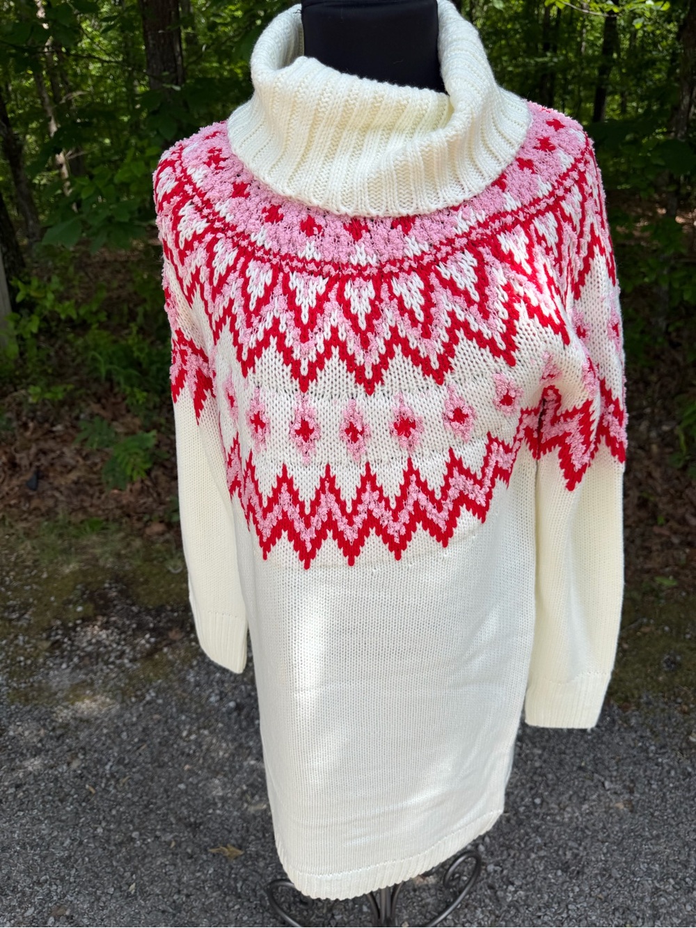 Cream and Red Turtleneck Patterned Women's Sweater Dress